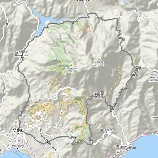Miniatua del mapa de inspiración ciclista "Ruta escénica por los alrededores de Motril" en Andalucía, Spain. Generado por Tarmacs.app planificador de rutas ciclistas