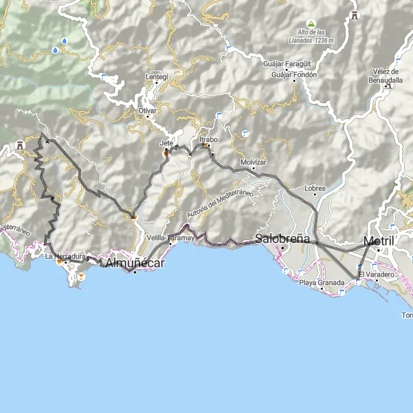 Miniatua del mapa de inspiración ciclista "Ruta escénica por los alrededores de Motril" en Andalucía, Spain. Generado por Tarmacs.app planificador de rutas ciclistas