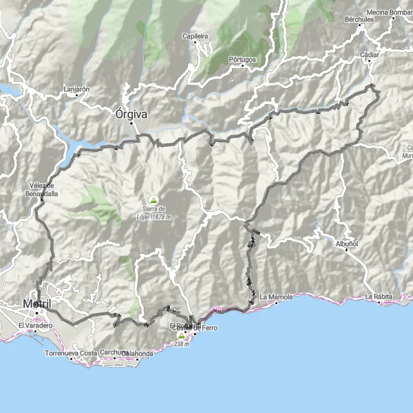 Miniatura della mappa di ispirazione al ciclismo "Giro in bicicletta tra Motril e la Sierra Nevada" nella regione di Andalucía, Spain. Generata da Tarmacs.app, pianificatore di rotte ciclistiche