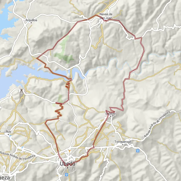 Miniature de la carte de l'inspiration cycliste "Tour des Châteaux de Jaén" dans la Andalucía, Spain. Générée par le planificateur d'itinéraire cycliste Tarmacs.app