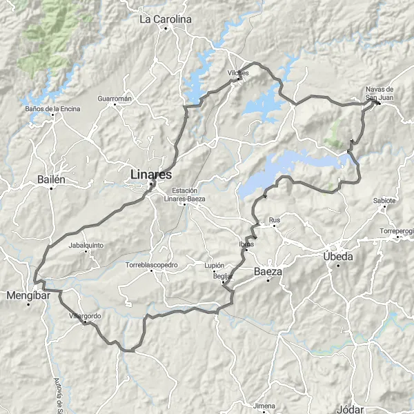 Miniaturní mapa "Náročná cyklistická trasa okolo Navas de San Juan" inspirace pro cyklisty v oblasti Andalucía, Spain. Vytvořeno pomocí plánovače tras Tarmacs.app