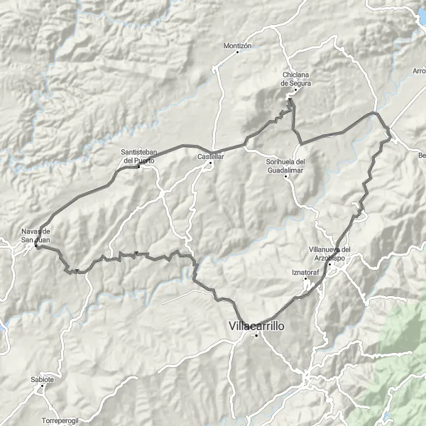 Miniaturní mapa "Koleje kolem Santisteban del Puerto a Villacarrillo" inspirace pro cyklisty v oblasti Andalucía, Spain. Vytvořeno pomocí plánovače tras Tarmacs.app