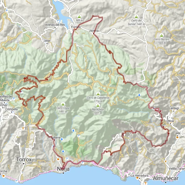 Miniatua del mapa de inspiración ciclista "Ruta de Grava desde Nerja hasta Maro" en Andalucía, Spain. Generado por Tarmacs.app planificador de rutas ciclistas