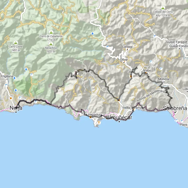 Miniature de la carte de l'inspiration cycliste "Côte de Nerja et ses environs" dans la Andalucía, Spain. Générée par le planificateur d'itinéraire cycliste Tarmacs.app