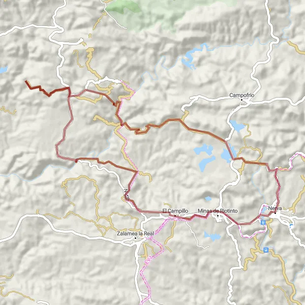 Map miniature of "Nerva to Mirador Peña de Hierro Gravel Route" cycling inspiration in Andalucía, Spain. Generated by Tarmacs.app cycling route planner