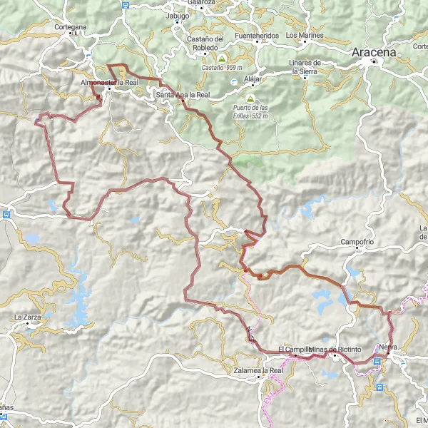 Map miniature of "El Campillo to Mirador Peña de Hierro Gravel Route" cycling inspiration in Andalucía, Spain. Generated by Tarmacs.app cycling route planner