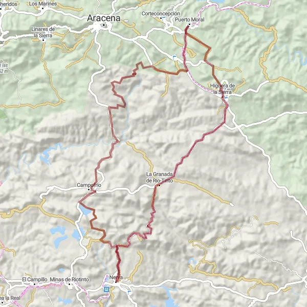 Map miniature of "Ruta de Nerva a Puerto de la Umbría" cycling inspiration in Andalucía, Spain. Generated by Tarmacs.app cycling route planner