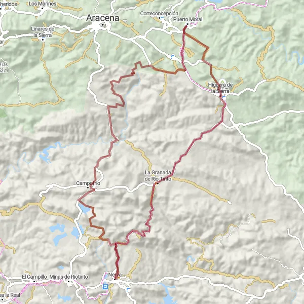 Miniatuurkaart van de fietsinspiratie "Gravel route Nerva-Puerto de la Umbría-Higuera de la Sierra" in Andalucía, Spain. Gemaakt door de Tarmacs.app fietsrouteplanner