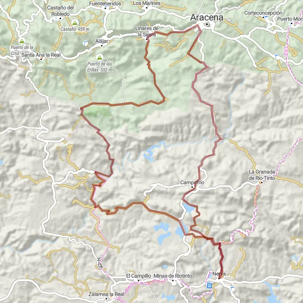 Miniatuurkaart van de fietsinspiratie "Gravel route Nerva-Mirador Peña de Hierro-Linares de la Sierra" in Andalucía, Spain. Gemaakt door de Tarmacs.app fietsrouteplanner