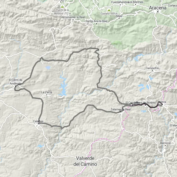 Miniatuurkaart van de fietsinspiratie "Wegfietsroute Nerva-Zalamea la Real-Calañas-El Cerro de Andévalo-El Campillo" in Andalucía, Spain. Gemaakt door de Tarmacs.app fietsrouteplanner