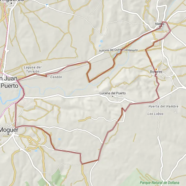 Miniatua del mapa de inspiración ciclista "Ruta en Grava a Bonares y Moguer" en Andalucía, Spain. Generado por Tarmacs.app planificador de rutas ciclistas