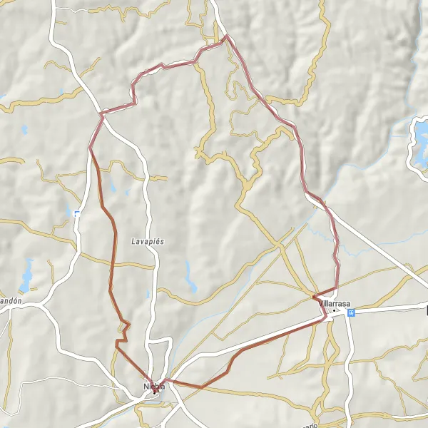 Miniatura della mappa di ispirazione al ciclismo "Giro in bicicletta tra Niebla e dintorni" nella regione di Andalucía, Spain. Generata da Tarmacs.app, pianificatore di rotte ciclistiche