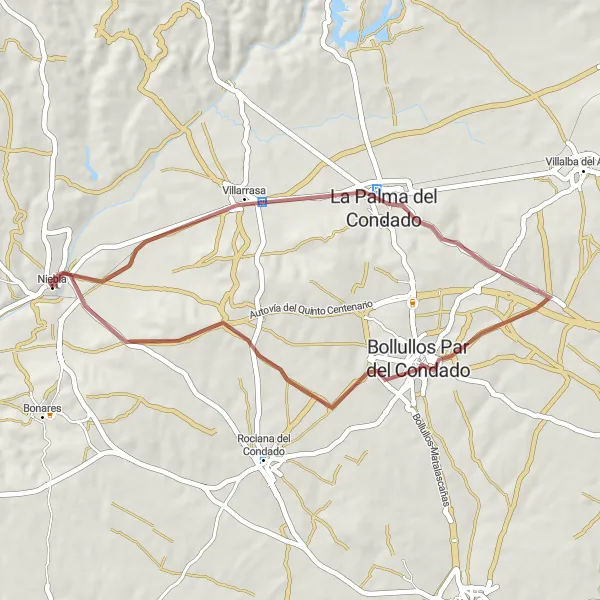 Miniaturní mapa "Okružní trasa Villarrasa - Bollullos Par del Condado - Castillo de Niebla" inspirace pro cyklisty v oblasti Andalucía, Spain. Vytvořeno pomocí plánovače tras Tarmacs.app