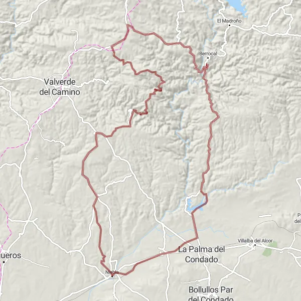 Map miniature of "Challenging Gravel Route to Castillo de Niebla" cycling inspiration in Andalucía, Spain. Generated by Tarmacs.app cycling route planner