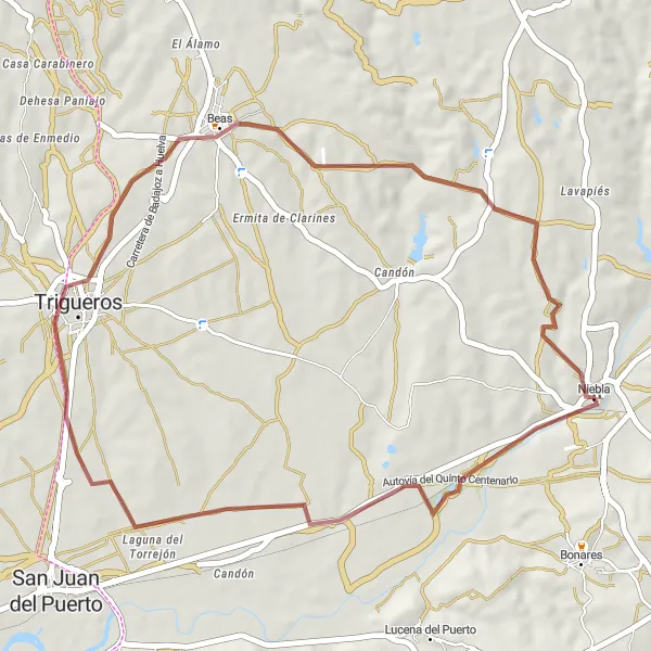 Miniatura mapy "Trasa po drodze szutrowej zaczynająca się w pobliżu Niebla" - trasy rowerowej w Andalucía, Spain. Wygenerowane przez planer tras rowerowych Tarmacs.app