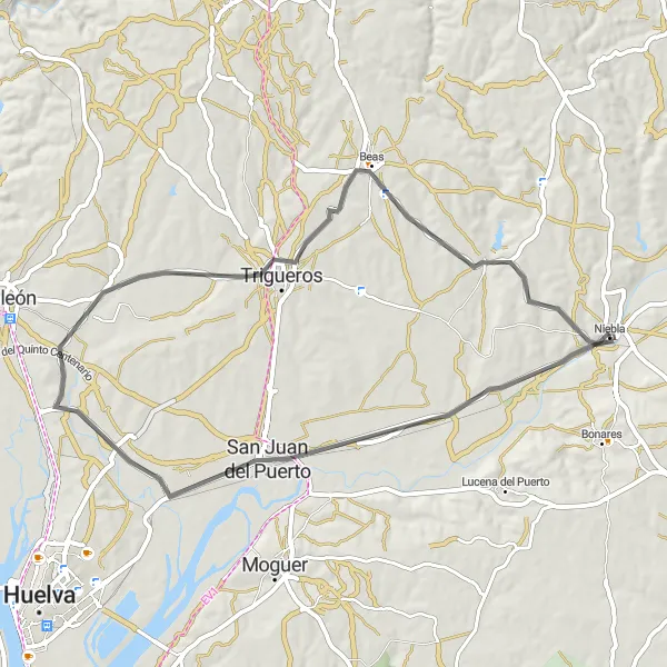 Miniaturní mapa "Rozmanitá cesta kolem Niebly" inspirace pro cyklisty v oblasti Andalucía, Spain. Vytvořeno pomocí plánovače tras Tarmacs.app