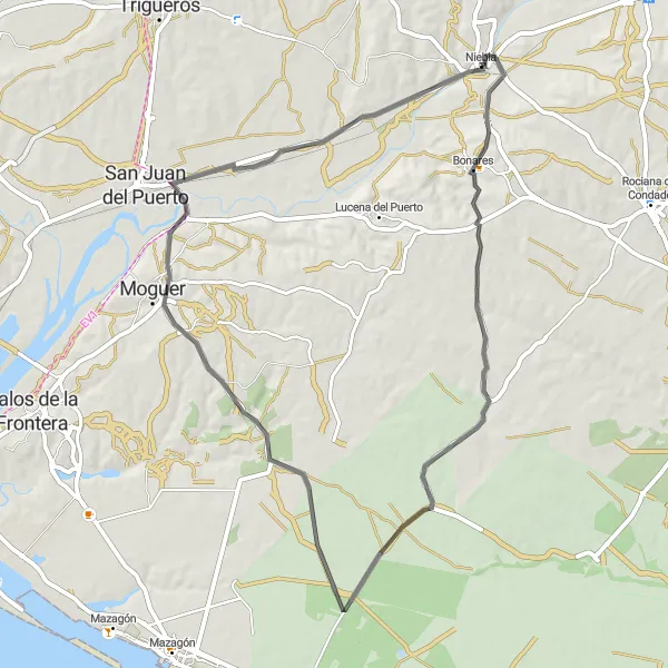 Miniatura della mappa di ispirazione al ciclismo "Itinerario tra Niebla, Bonares e Moguer" nella regione di Andalucía, Spain. Generata da Tarmacs.app, pianificatore di rotte ciclistiche