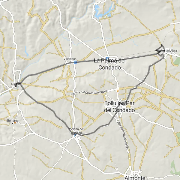 Miniatua del mapa de inspiración ciclista "Ruta en Carretera a Villarrasa y Villalba del Alcor" en Andalucía, Spain. Generado por Tarmacs.app planificador de rutas ciclistas
