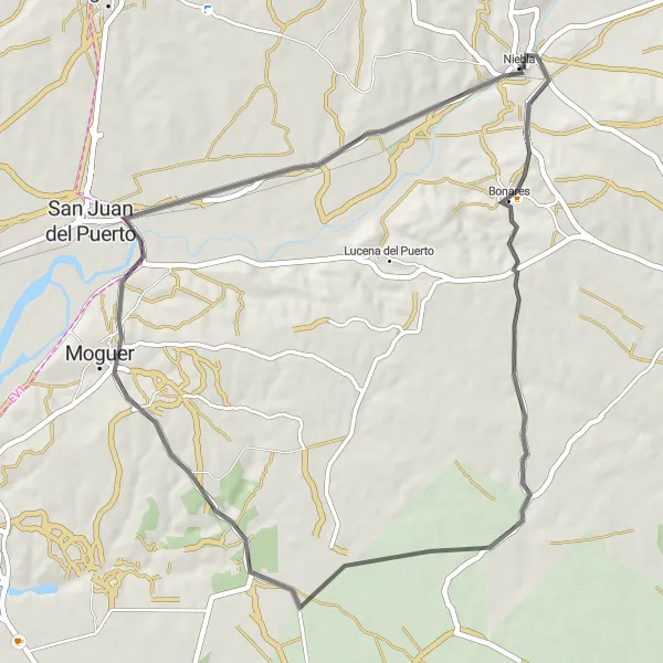 Miniaturní mapa "Bonares - Moguer - Niebla" inspirace pro cyklisty v oblasti Andalucía, Spain. Vytvořeno pomocí plánovače tras Tarmacs.app