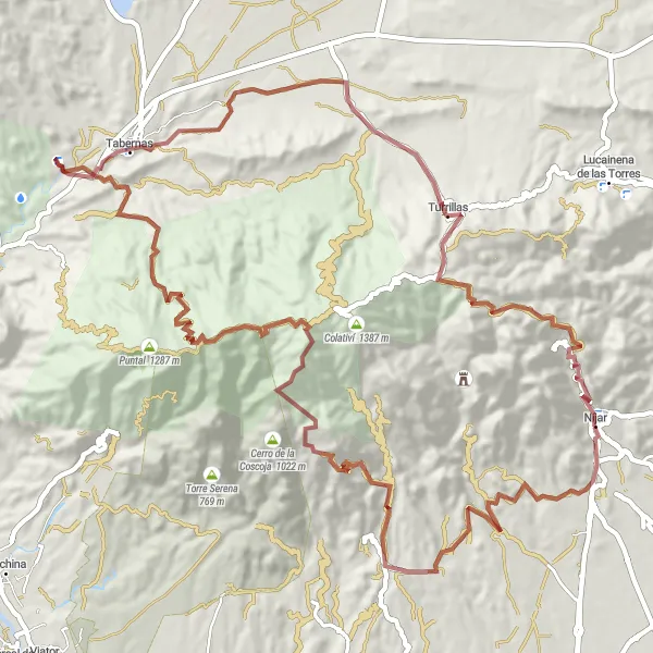 Miniatura della mappa di ispirazione al ciclismo "Tour in bicicletta attraverso Cuevas de los Úbedas" nella regione di Andalucía, Spain. Generata da Tarmacs.app, pianificatore di rotte ciclistiche