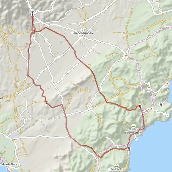 Miniatura della mappa di ispirazione al ciclismo "Esplorazione dell'entroterra di Níjar" nella regione di Andalucía, Spain. Generata da Tarmacs.app, pianificatore di rotte ciclistiche