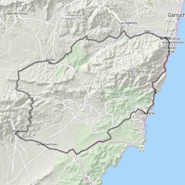 Miniatua del mapa de inspiración ciclista "Ruta de la Sierra Alhamilla y Cala del Plomo" en Andalucía, Spain. Generado por Tarmacs.app planificador de rutas ciclistas