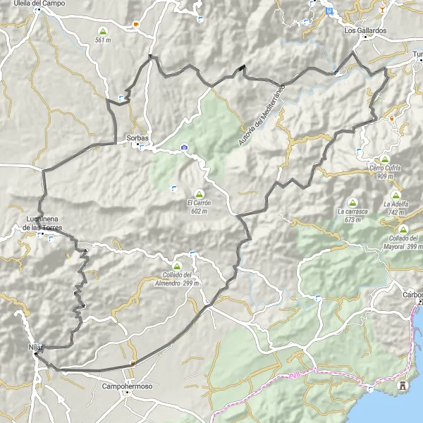 Karten-Miniaturansicht der Radinspiration "Malern moderne Route durch die Berge von Níjar" in Andalucía, Spain. Erstellt vom Tarmacs.app-Routenplaner für Radtouren