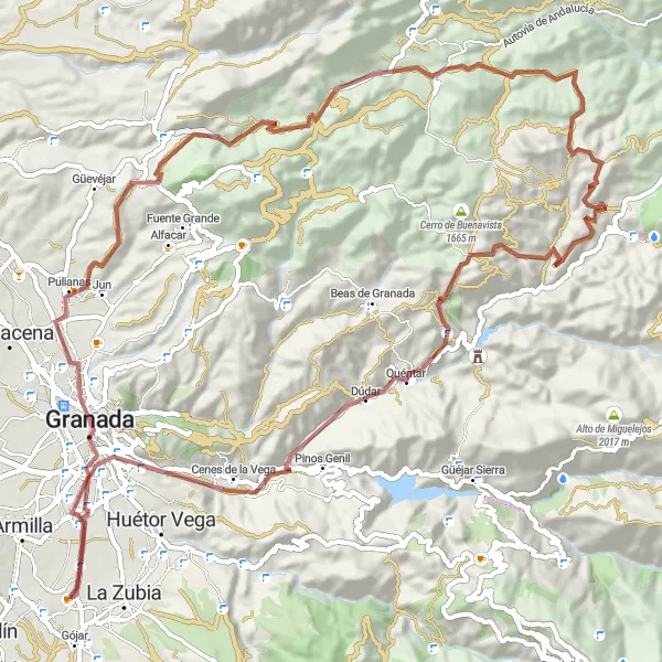 Map miniature of "Gravel Adventure in Granada" cycling inspiration in Andalucía, Spain. Generated by Tarmacs.app cycling route planner
