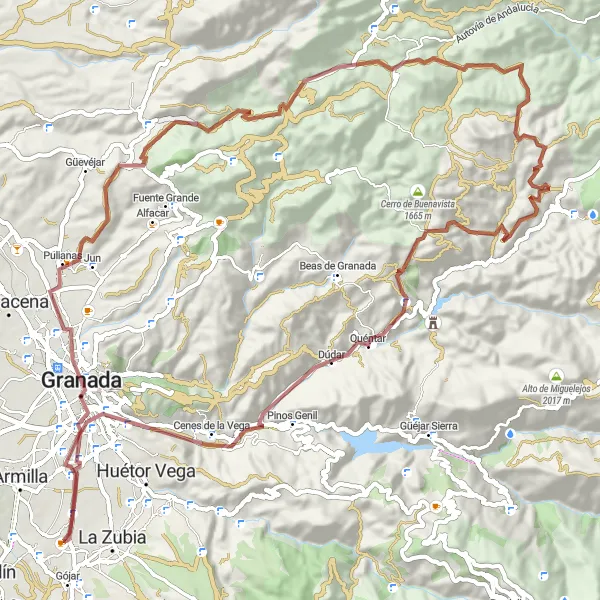 Miniatuurkaart van de fietsinspiratie "Avontuurlijke gravelroute in de omgeving van Granada" in Andalucía, Spain. Gemaakt door de Tarmacs.app fietsrouteplanner