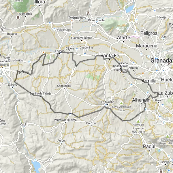 Miniaturní mapa "Okružní jízda na silnici okolo Ogíjares" inspirace pro cyklisty v oblasti Andalucía, Spain. Vytvořeno pomocí plánovače tras Tarmacs.app