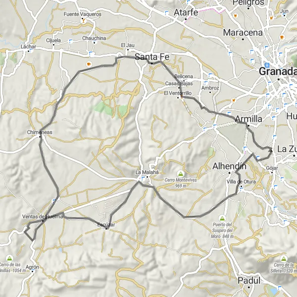 Miniature de la carte de l'inspiration cycliste "Les collines de Grenade" dans la Andalucía, Spain. Générée par le planificateur d'itinéraire cycliste Tarmacs.app