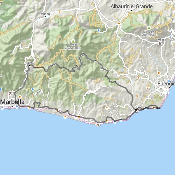 Karten-Miniaturansicht der Radinspiration "Rundfahrt von Ojén nach La Cala de Mijas und Torre Ladrones" in Andalucía, Spain. Erstellt vom Tarmacs.app-Routenplaner für Radtouren