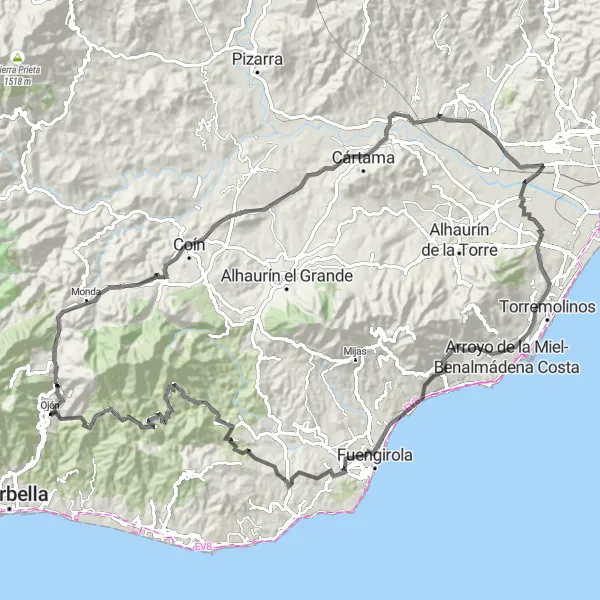 Map miniature of "Ojén to Churriana Scenic Route" cycling inspiration in Andalucía, Spain. Generated by Tarmacs.app cycling route planner