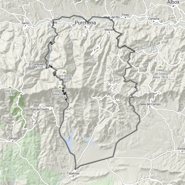 Miniatua del mapa de inspiración ciclista "Ruta en Carretera por Olula del Río" en Andalucía, Spain. Generado por Tarmacs.app planificador de rutas ciclistas