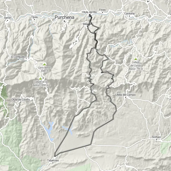 Miniature de la carte de l'inspiration cycliste "Circuit Chercos - Benizalón - Collado García - Tahal - Mirador de Cosentino - Macael" dans la Andalucía, Spain. Générée par le planificateur d'itinéraire cycliste Tarmacs.app