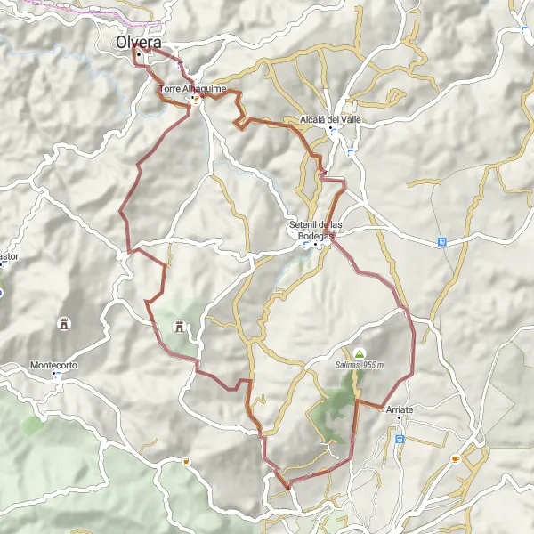 Miniatura della mappa di ispirazione al ciclismo "Giro in bicicletta tra Olvera" nella regione di Andalucía, Spain. Generata da Tarmacs.app, pianificatore di rotte ciclistiche