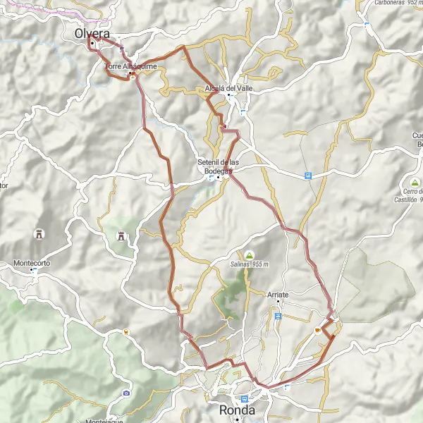 Miniature de la carte de l'inspiration cycliste "Randonnée à Travers Setenil de las Bodegas" dans la Andalucía, Spain. Générée par le planificateur d'itinéraire cycliste Tarmacs.app