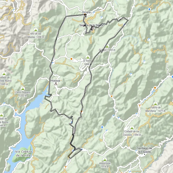 Miniature de la carte de l'inspiration cycliste "Boucle à travers la Sierra" dans la Andalucía, Spain. Générée par le planificateur d'itinéraire cycliste Tarmacs.app