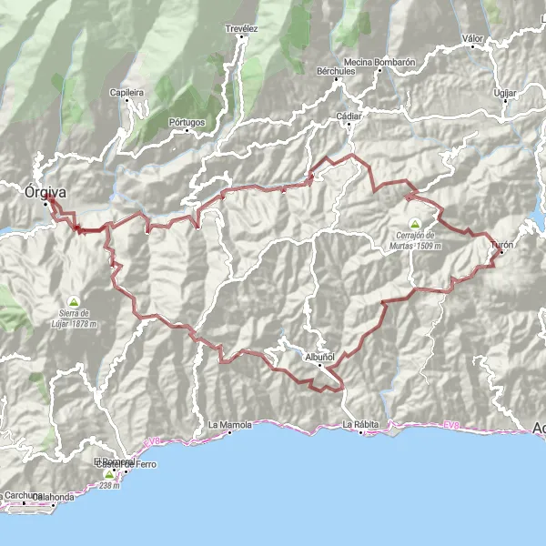 Miniatua del mapa de inspiración ciclista "Ruta en Grava - Explorando los Pueblos de la Alpujarra" en Andalucía, Spain. Generado por Tarmacs.app planificador de rutas ciclistas
