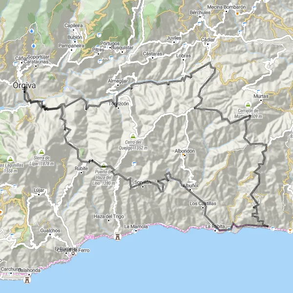 Miniature de la carte de l'inspiration cycliste "Défi des Alpujarras" dans la Andalucía, Spain. Générée par le planificateur d'itinéraire cycliste Tarmacs.app