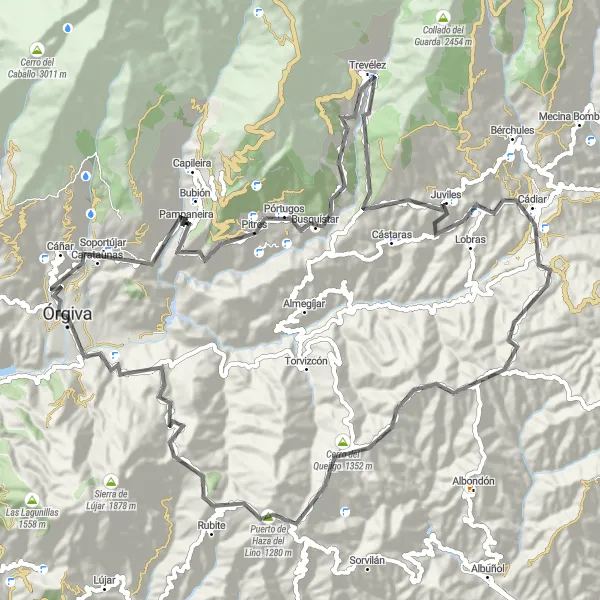 Miniaturní mapa "Okouzlující cesty Alpujarras" inspirace pro cyklisty v oblasti Andalucía, Spain. Vytvořeno pomocí plánovače tras Tarmacs.app