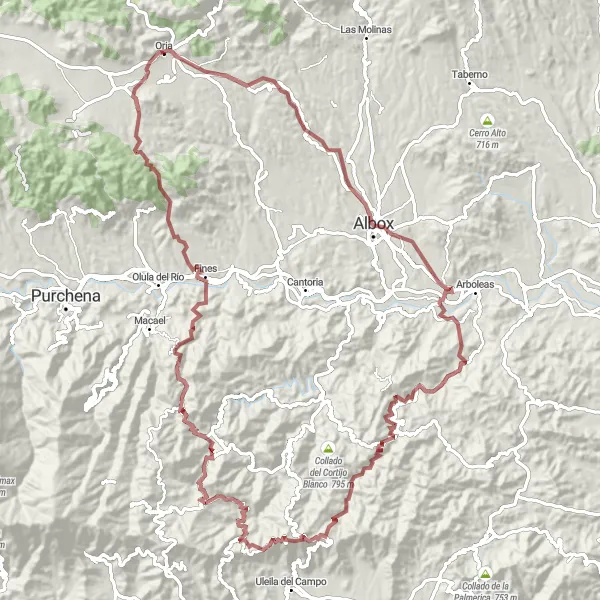 Miniatura della mappa di ispirazione al ciclismo "Tour di Oria - Monteagudo" nella regione di Andalucía, Spain. Generata da Tarmacs.app, pianificatore di rotte ciclistiche