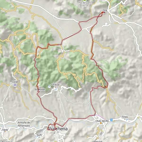 Miniature de la carte de l'inspiration cycliste "Circuit à Vélo Gravel près d'Oria" dans la Andalucía, Spain. Générée par le planificateur d'itinéraire cycliste Tarmacs.app