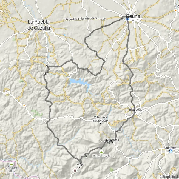 Miniatuurkaart van de fietsinspiratie "Een uitdagende route via El Saucejo, Algámitas en Puerto de la Ventana" in Andalucía, Spain. Gemaakt door de Tarmacs.app fietsrouteplanner