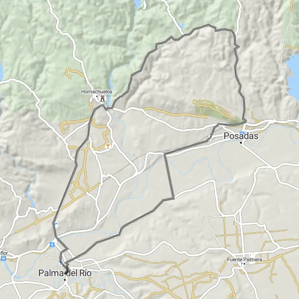 Miniaturní mapa "Panoramatická cyklotrasa kolem Santa Clary a Hornachuelos hradu" inspirace pro cyklisty v oblasti Andalucía, Spain. Vytvořeno pomocí plánovače tras Tarmacs.app