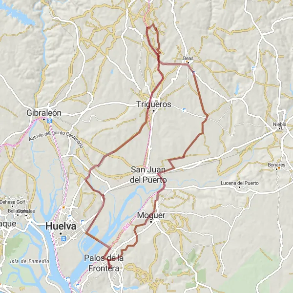 Map miniature of "Palos - Trigueros Loop (Gravel)" cycling inspiration in Andalucía, Spain. Generated by Tarmacs.app cycling route planner