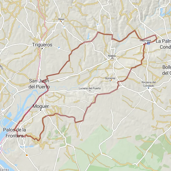Miniatura mapy "Przejażdżka przez okolice Palos de la Frontera" - trasy rowerowej w Andalucía, Spain. Wygenerowane przez planer tras rowerowych Tarmacs.app