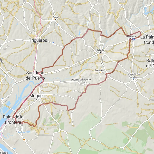 Map miniature of "Gravel Adventure to Villarrasa" cycling inspiration in Andalucía, Spain. Generated by Tarmacs.app cycling route planner