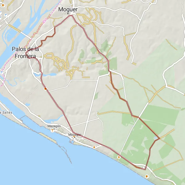 Miniatura della mappa di ispirazione al ciclismo "Giro Gravel tra Moguer e Palos de la Frontera" nella regione di Andalucía, Spain. Generata da Tarmacs.app, pianificatore di rotte ciclistiche
