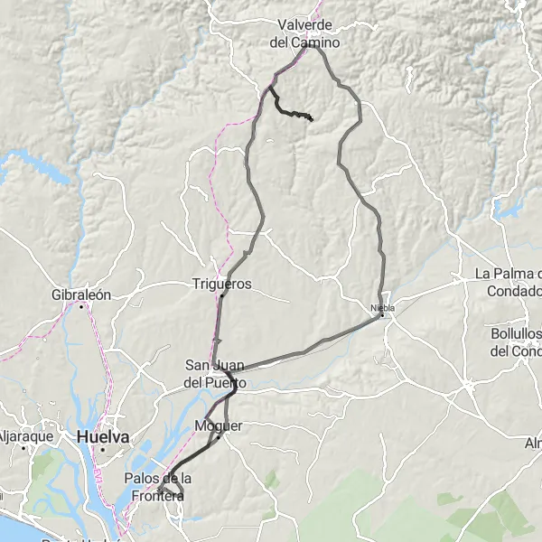 Miniatura della mappa di ispirazione al ciclismo "Giro in bicicletta panoramico da Palos de la Frontera" nella regione di Andalucía, Spain. Generata da Tarmacs.app, pianificatore di rotte ciclistiche